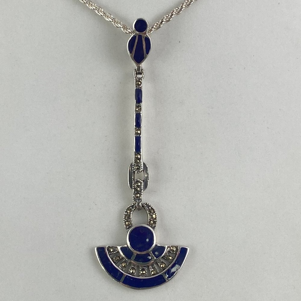 Vintage .24ctw Marcasite 925 Sterling Silver Pendant 18 inch 2MM 925 Rope Chain - Picture 2 of 6